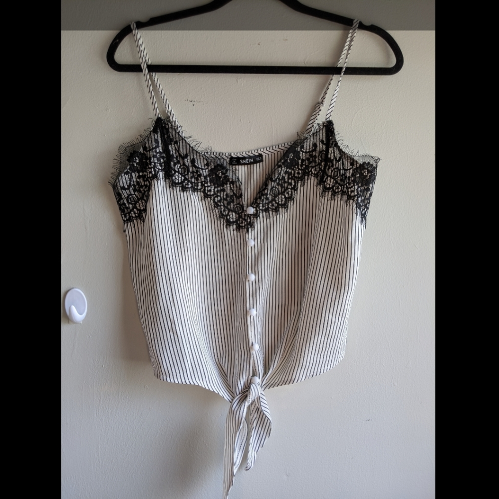 Shien Pin Striped Black Lace Button up Tank Top
